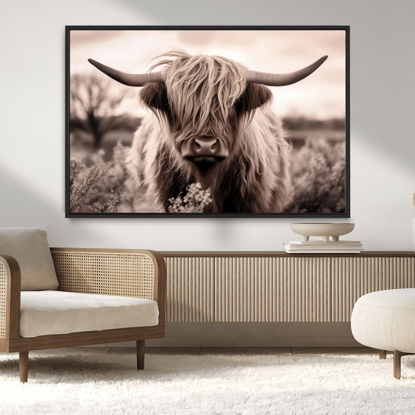 55903-MGV-CV-36X24-Highland Cow Wall Art – Rustic Sepia Scottish Highland Bull Canvas Print, Farmhouse Country Animal Decor for Living Room, Bedroom