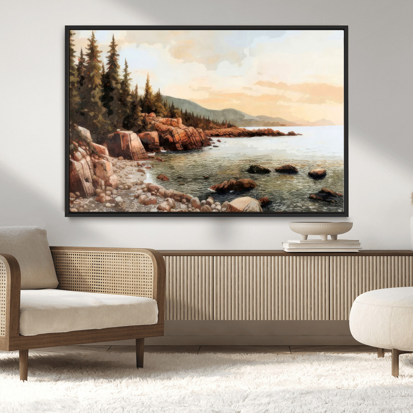 77145-MGV-CV-36X24-Coastal Landscape Wall Art – Panoramic Rocky Shoreline and Pine Trees Canvas Print, Rustic Nature Decor for Cabin, Lodge, Office,