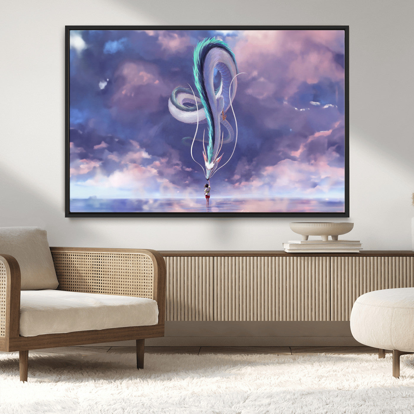 66864-MGV-CV-36X24-Fantasy Dragon Wall Art – Mystical Canvas Print Girl and Sky Serpent Dreamlike Clouds, Magical Anime Inspired Decor for Living