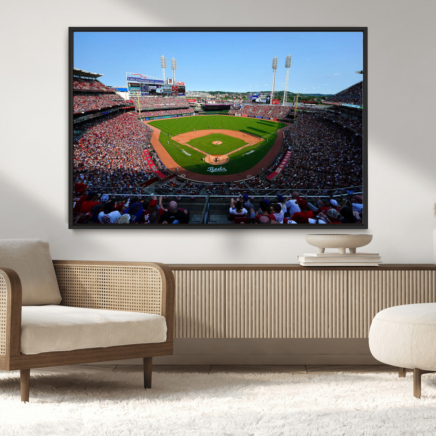 90998-MGV-CV-36X24-Baseball Stadium Wall Art – Canvas Print Day Game Field Packed Crowd Bright Blue Sky Sports Photography, Classic Decor for Game