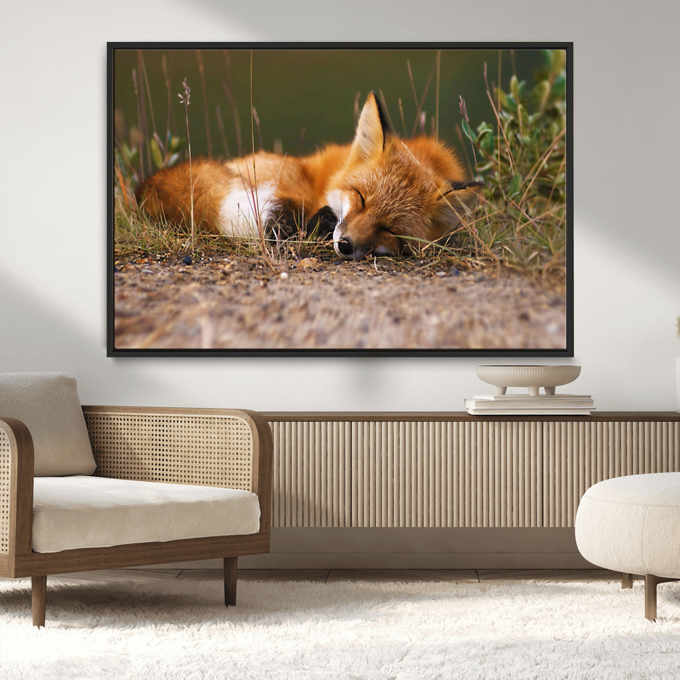 25085-MGV-CV-36X24-Sleeping Fox Wall Art Canvas Print, Framed Rustic Fox Art Picture Print, Wildlife Animal Perfect Rustic Farmhouse Decor Artwork
