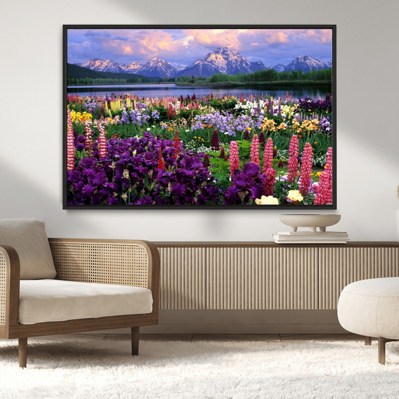 82270-MGV-CV-36X24-Colorful Wildflower Meadow Landscape Wall Art – Snow-Capped Mountain Lake Sunset Print, Vibrant Nature Artwork for Living Room,