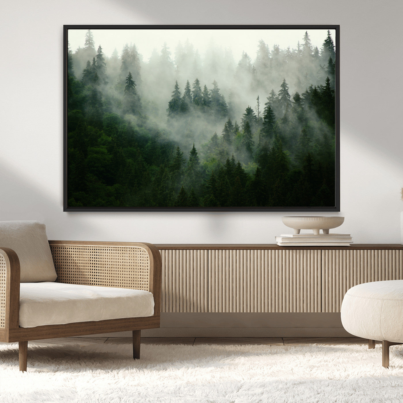 167720496-MGV-CV-36X24-Misty Forest Wall Art – Serene Evergreen Trees Canvas Print, Foggy Mountain Nature Landscape Decor for Bedroom, Living Room or