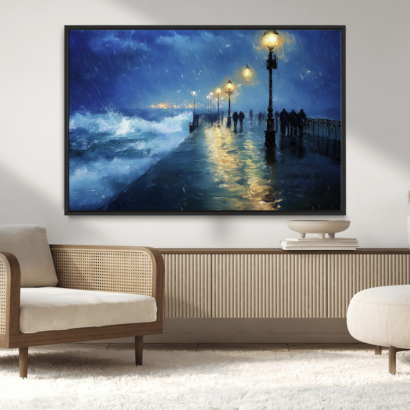 94571-MGV-CV-36X24-Seaside Night Wall Art – Ocean Waves and Street Lamps Canvas Print, Rainy City Pier Oil Painting Poster for Living Room, Bedroom,