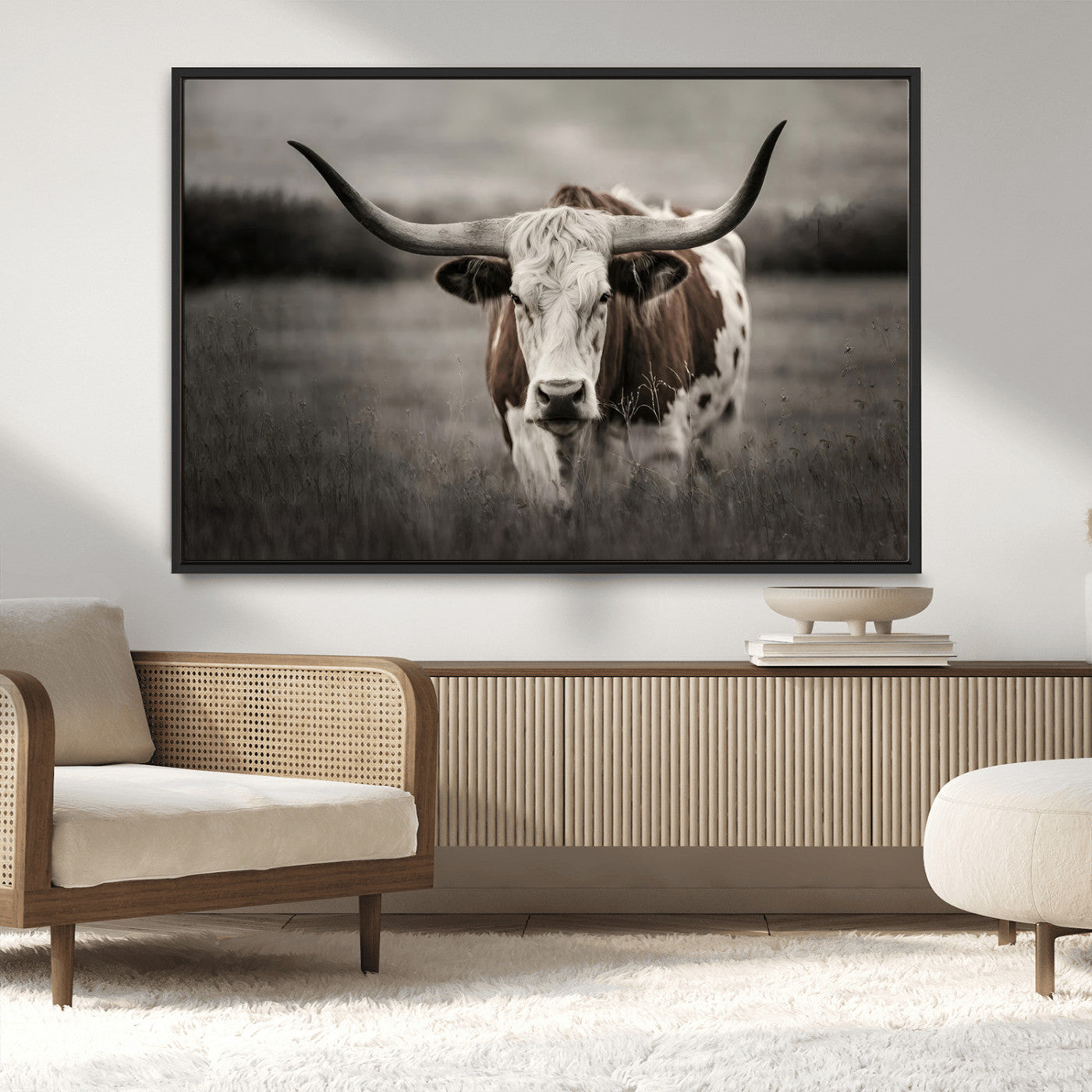 69238-MGV-CV-36X24-Longhorn Bull Wall Art – Rustic Black and White Texas Cattle Canvas Print, Western Farmhouse Animal Photography for Living Room,