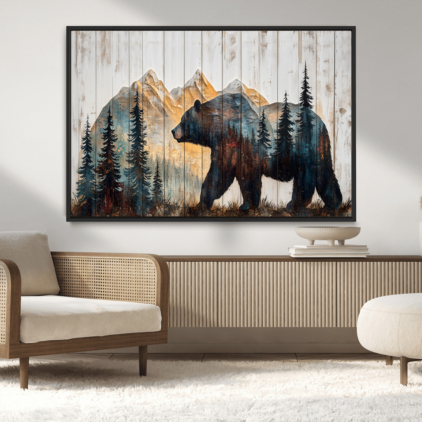 90077-MGV-CV-36X24-Wood Grizzly Bear Wall Art Canvas Print, Framed Abstract Bear Art Picture Print, Bear in Forest Perfect Rustic Lodge Decor Artwork