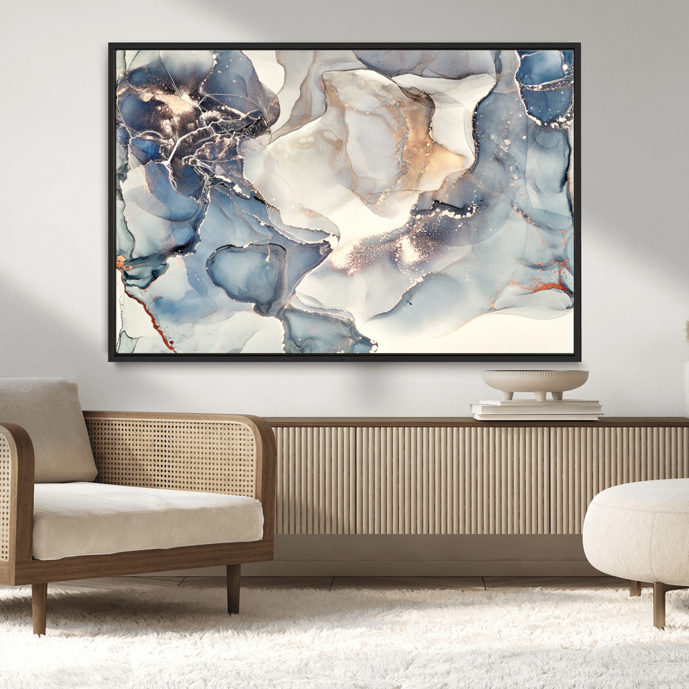 51497-MGV-CV-36X24-Abstract Blue and Gold Wall Art – Modern Fluid Ink Style Canvas Print, Elegant Contemporary Decor for Living Room, Office