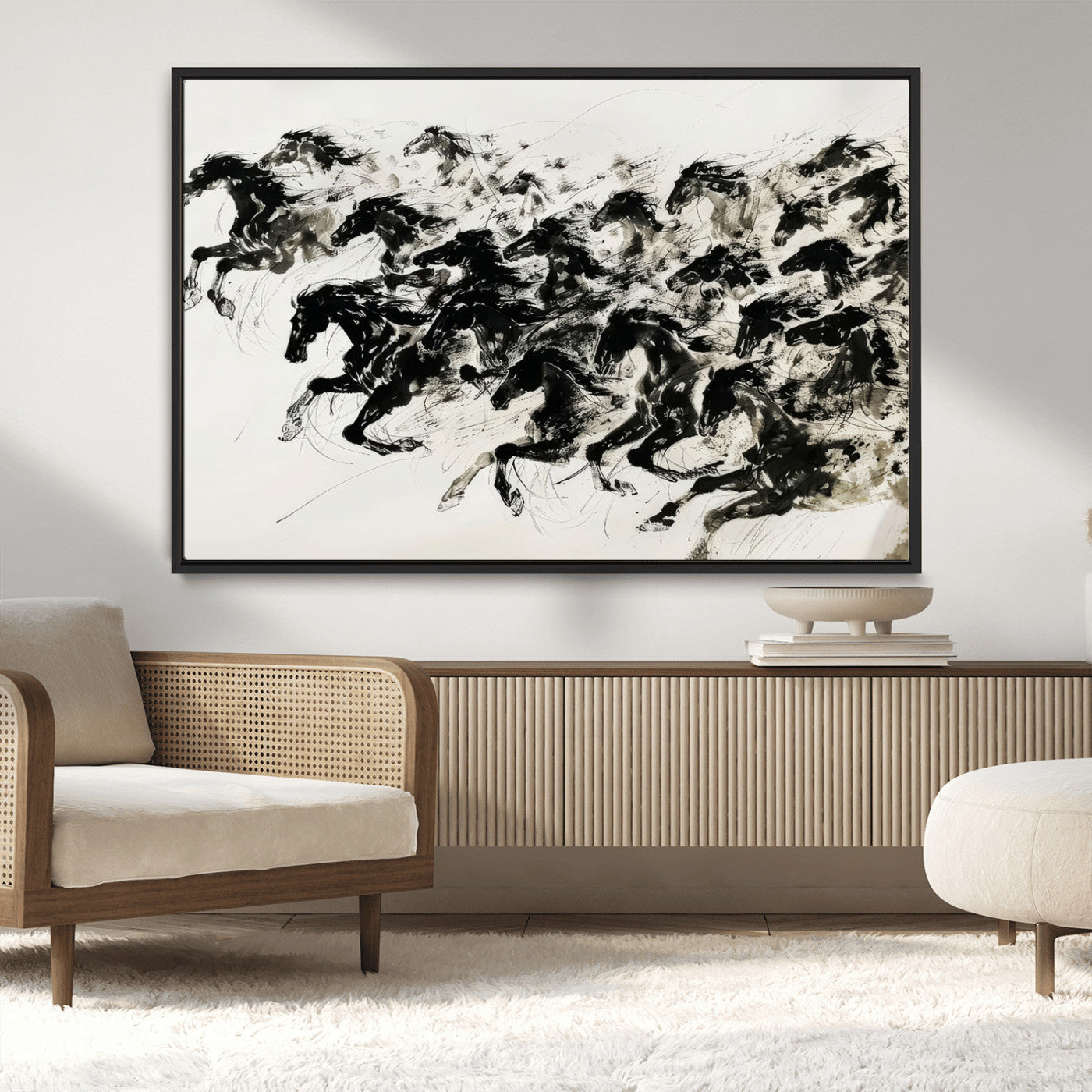 23069-MGV-CV-36X24-Galloping Horses Wall Art – Black Ink Painting on Canvas, Dynamic Equestrian Artwork with Running Stallions, Expressive Modern