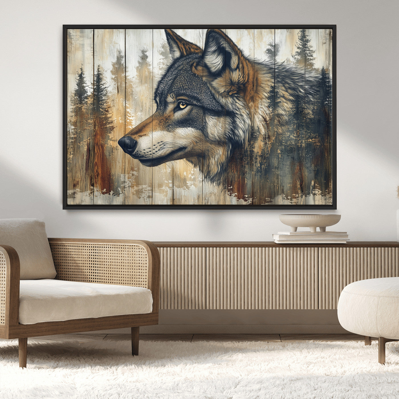 91882-MGV-CV-36X24-Wolf Wall Art – Rustic Canvas Print of Forest Wolf on Wood Background, Wildlife Lodge Artwork for Living Room, Bedroom, Cabin, or