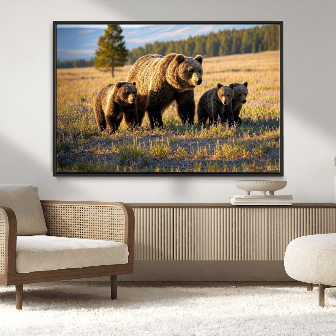 43400-MGV-CV-36X24-Bear Family Wall Art – Wildlife Canvas Print of Mother Bear with Cubs in Sunlit Meadow, Rustic Animal Artwork for Living Room,