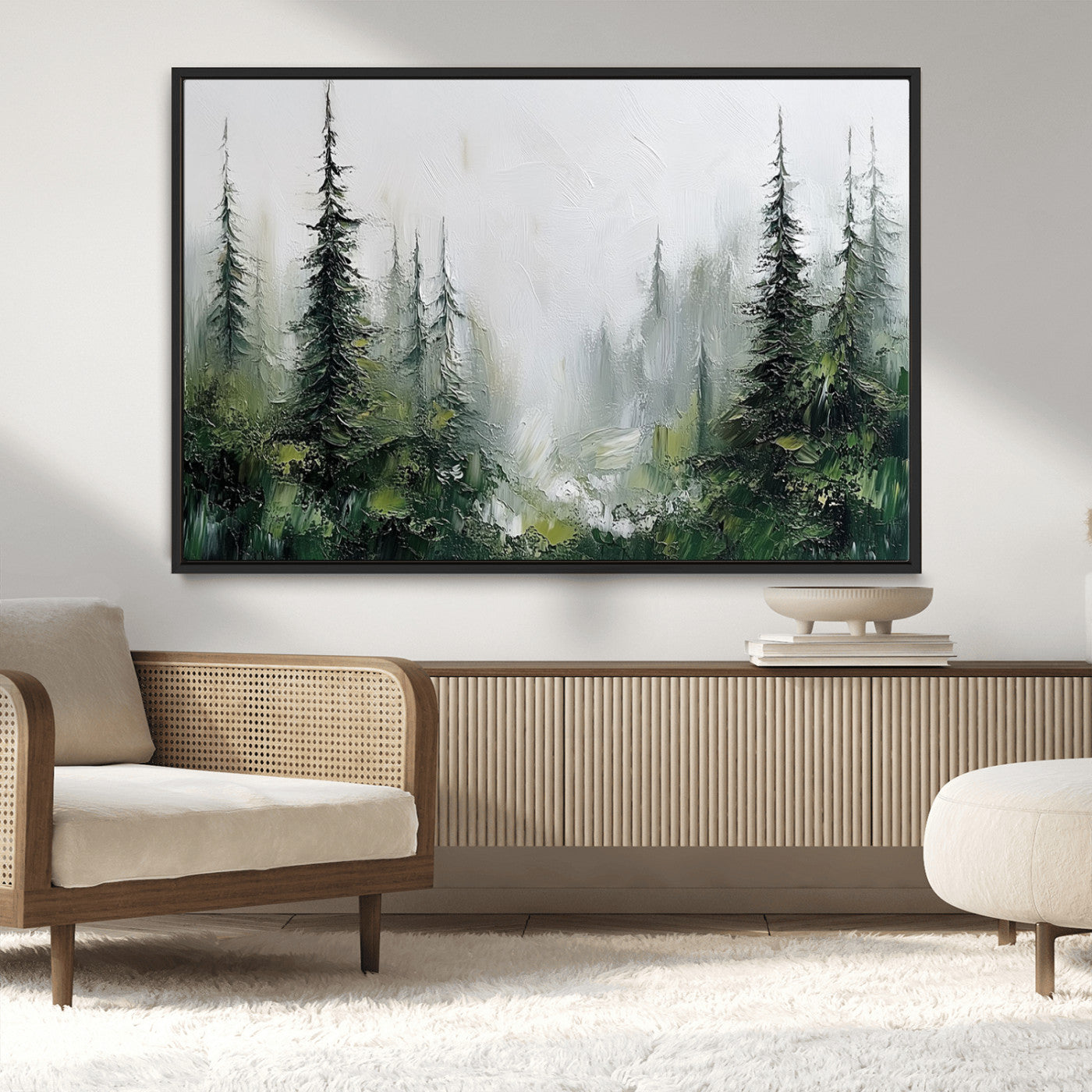 76014-MGV-CV-36X24-Forest Wall Art – Textured Canvas Print Featuring Misty Evergreen Pines and Woodland Landscape, Rustic Nature Artwork for Living
