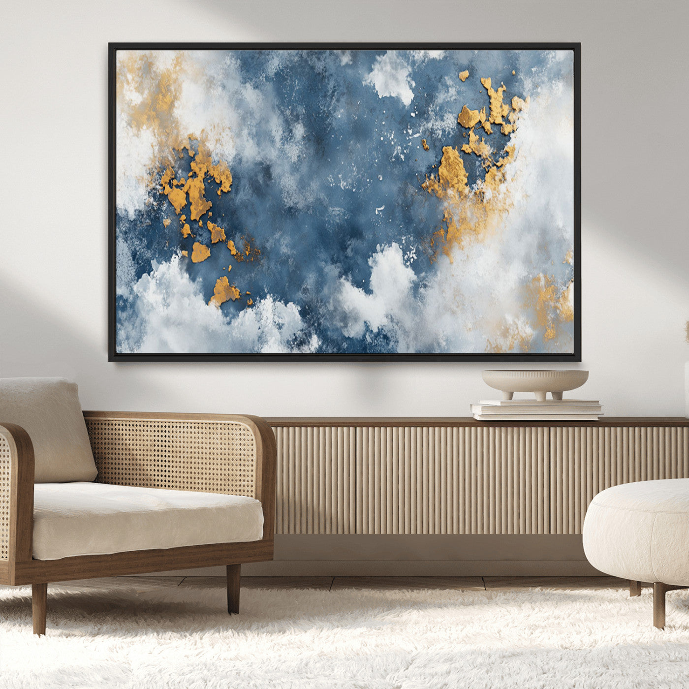 39575-MGV-CV-36X24-Blue and Gold Abstract Wall Art – Modern Canvas Print Featuring Cloudy Textures with Metallic Accents, Contemporary Artwork for