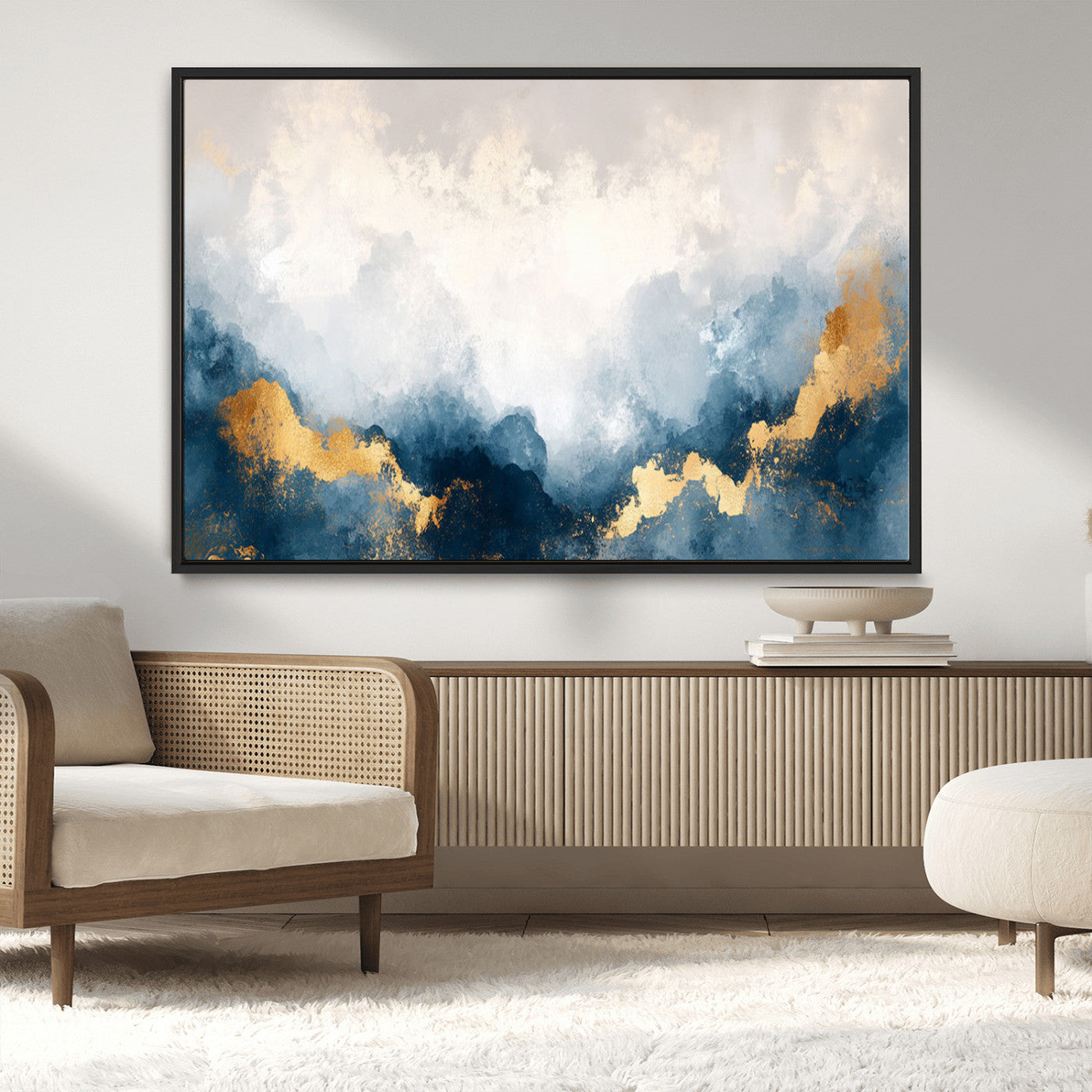 14578-MGV-CV-36X24-Abstract Wall Art – Modern Canvas Print Featuring Blue and White Clouds with Golden Accents, Contemporary Elegant Artwork for