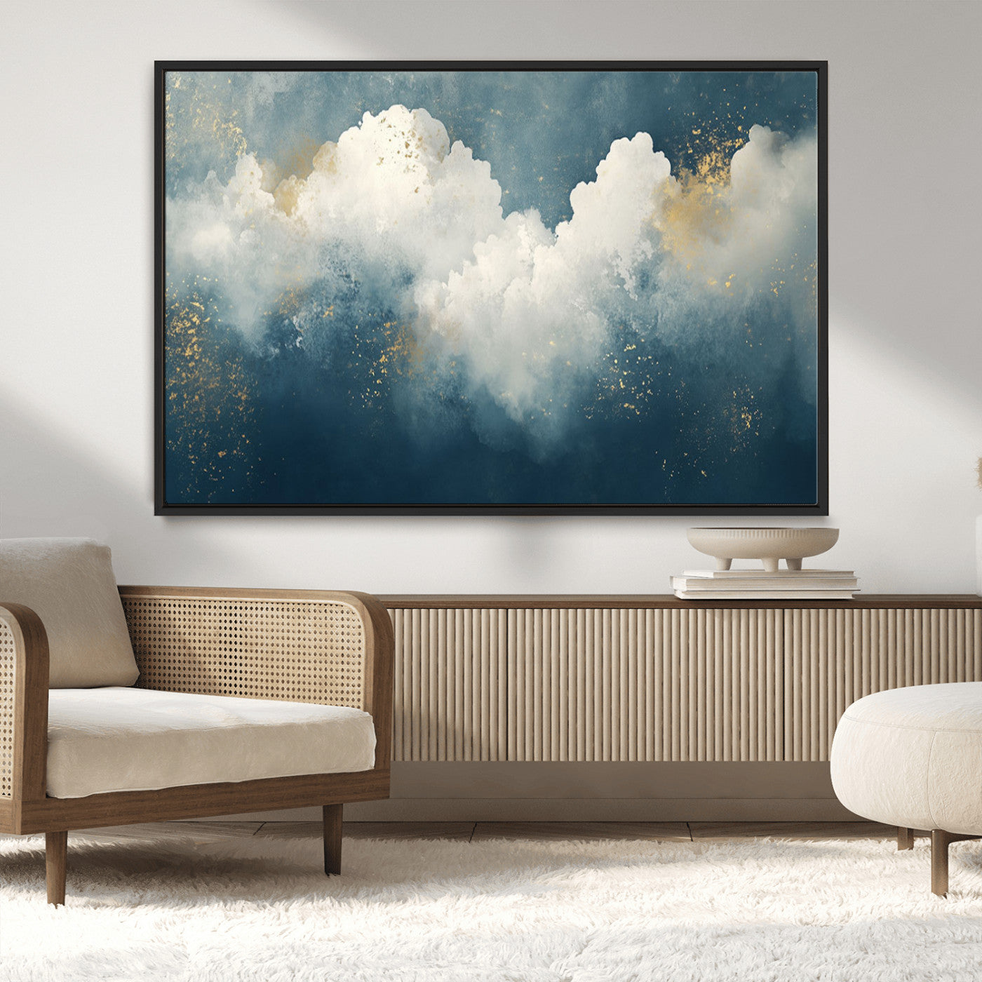 75131-MGV-CV-36X24-Abstract Cloud Wall Art – Modern Canvas Print Featuring Blue and White Clouds with Golden Accents, Contemporary Artwork for Living