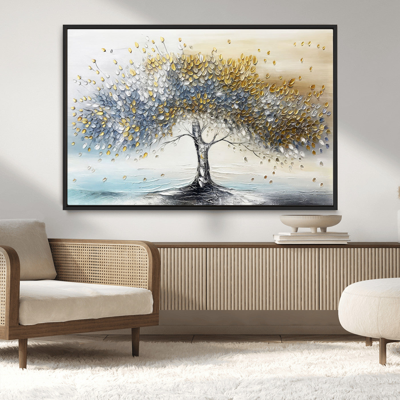 24771-MGV-CV-36X24-Silver Tree Wall Art Canvas Print, Framed Golden Leaves Art Picture Print, Metallic Tree Perfect Minimalist Luxury Decor Artwork