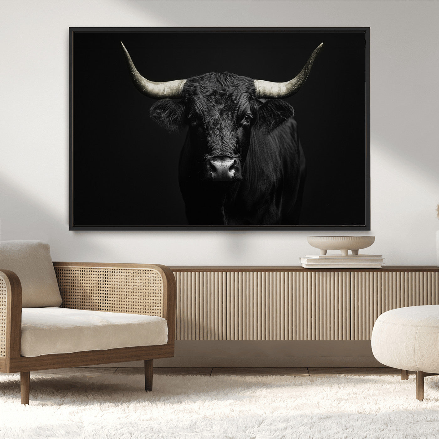 97914921-MGV-CV-36X24-Black Bull Wall Art Canvas Print, Framed Longhorn Bull Art Picture Print, Western Bull Perfect Monochrome Western Decor Artwork