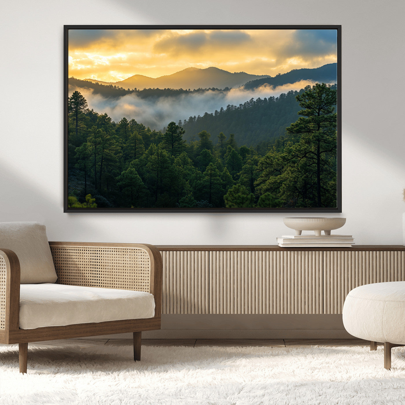 68082278-MGV-CV-36X24-Mountain Sunrise Wall Art Canvas Print, Framed Pine Forest Art Picture Print, Misty Mountains Perfect Earthy Woodland Decor