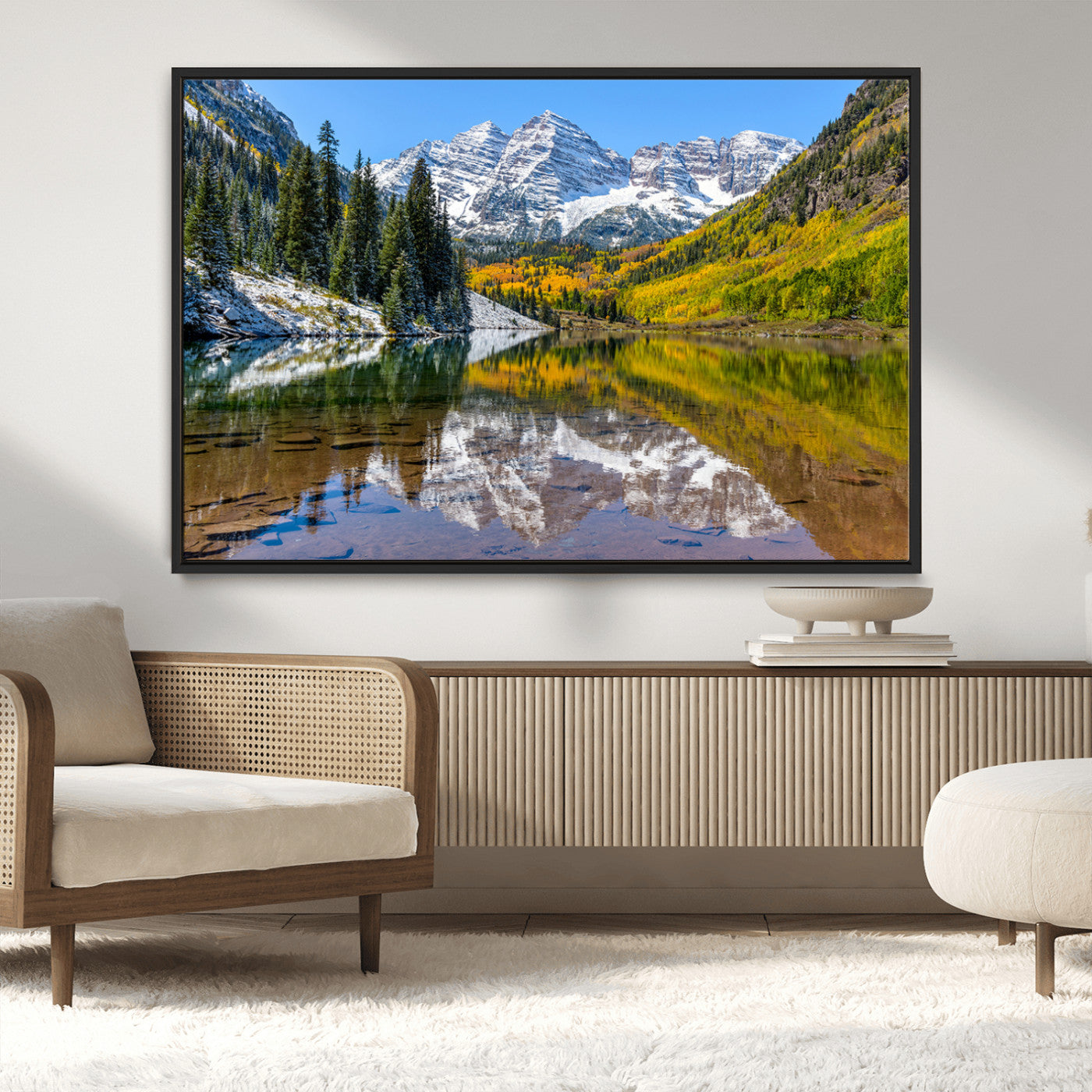 87724099-MGV-CV-36X24-Maroon Bells Wall Art Canvas Print, Framed Snowy Mountains Art Picture Print, Pine Forest Perfect Vibrant Alpine Decor Artwork