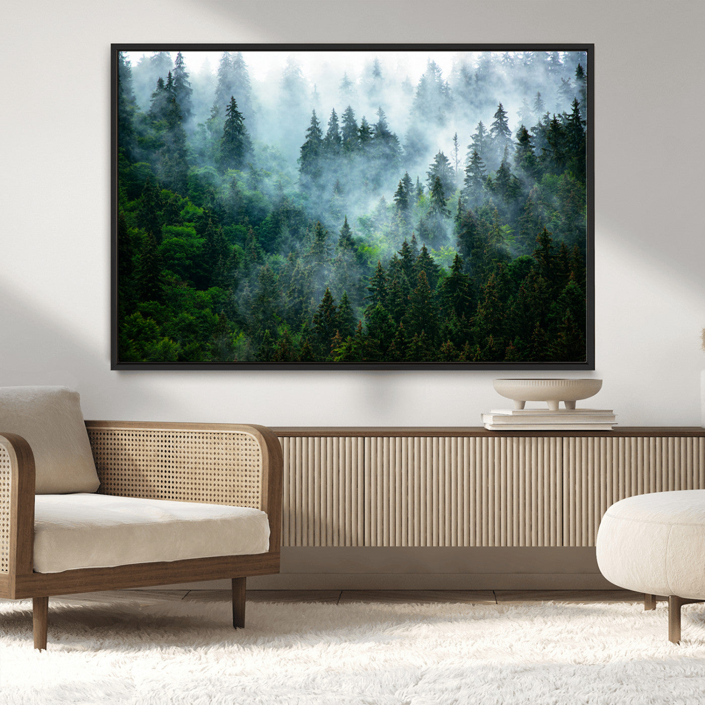 17393683-MGV-CV-36X24-Misty Forest Art Wall Art Canvas Print, Framed Foggy Mountain Art Art Picture Print, Scenic Wall Print Perfect Decor Artwork