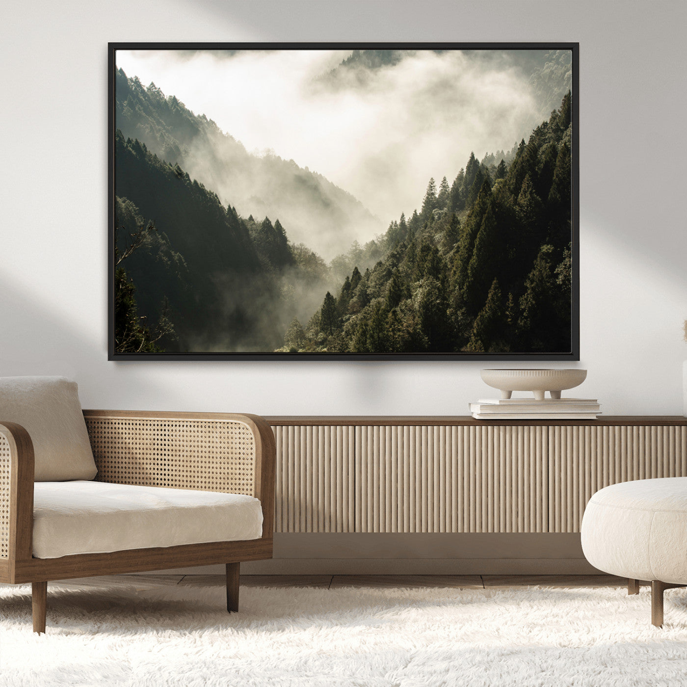 57570237-MGV-CV-36X24-Misty Valley Wall Art Canvas Print, Framed Foggy Forest Art Picture Print, Pine Trees Perfect Moody Woodland Decor Artwork