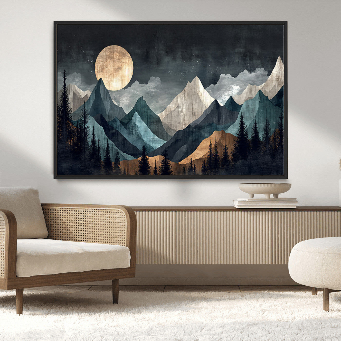 11060882-MGV-CV-36X24-Moonlit Mountains Wall Art Canvas Print, Framed Forest Silhouette Art Picture Print, Night Landscape Perfect Modern Forest Decor