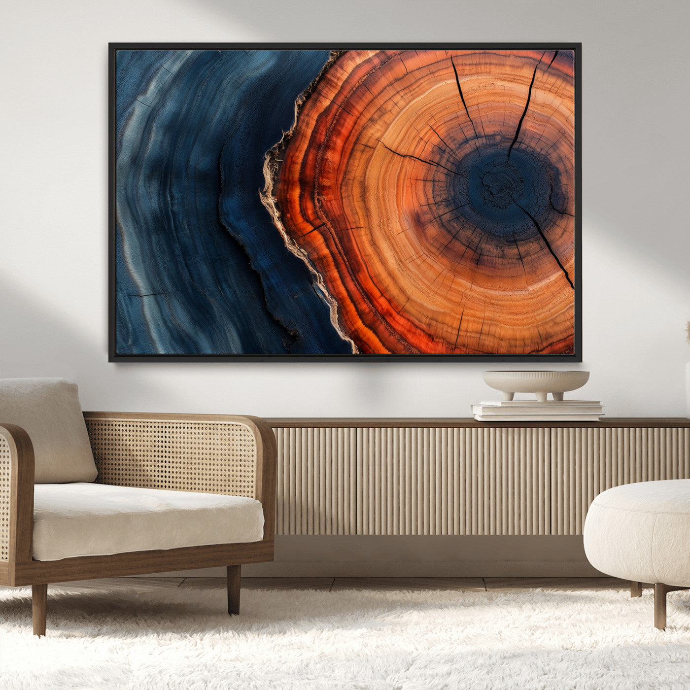 57732250-MGV-CV-36X24-Tree Ring Abstract Wall Art – Blue Orange Wood Grain Canvas Print, Modern Rustic Nature Artwork for Living Room, Office,