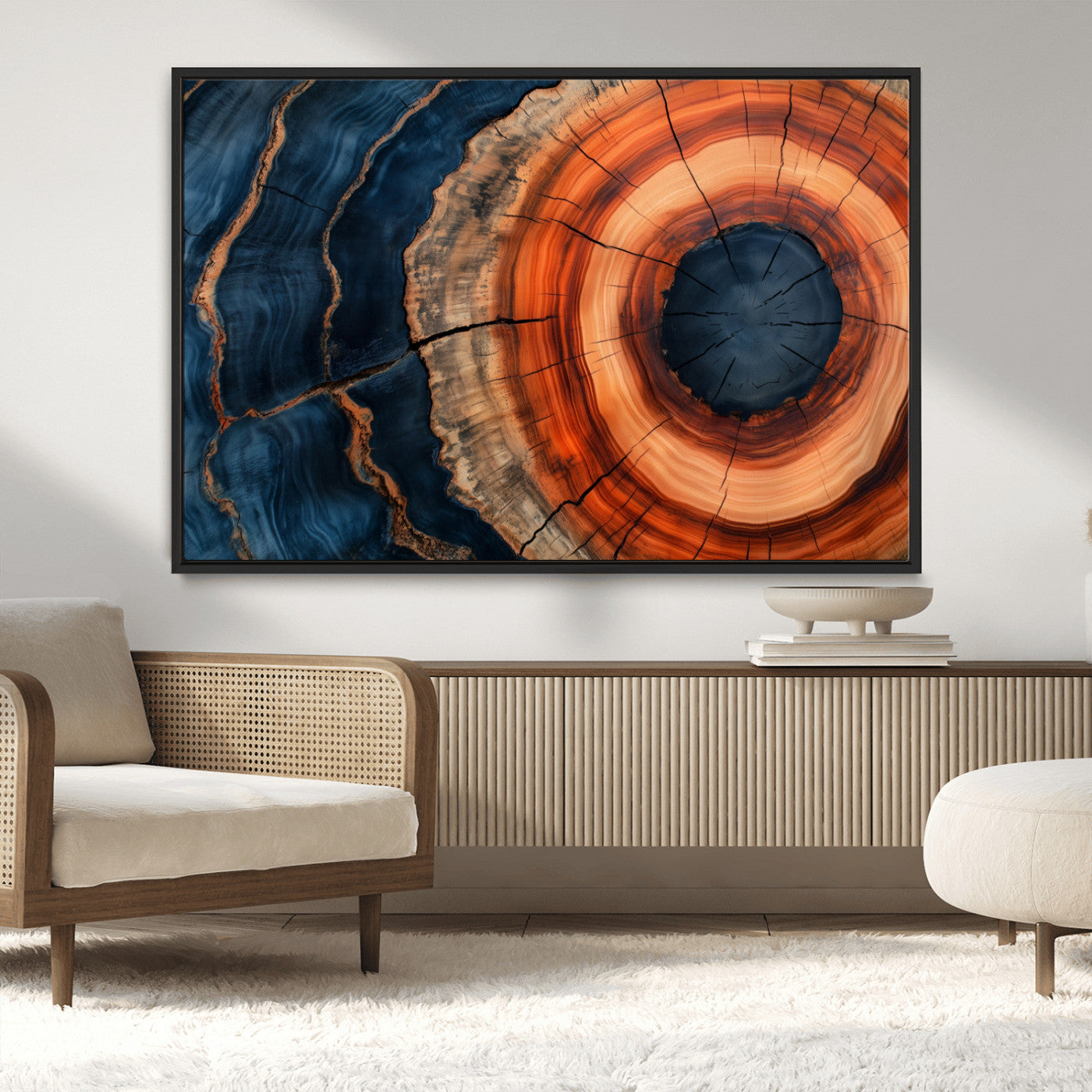 41123192-MGV-CV-36X24-Tree Ring Canvas Wall Art – Abstract Blue Orange Wood Grain Print, Rustic Modern Nature Artwork for Living Room, Bedroom, Office