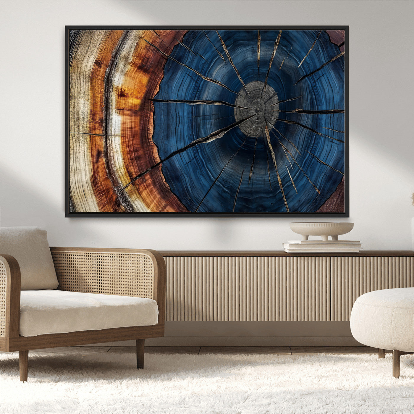 60099360-MGV-CV-36X24-Blue Tree Ring Wall Art – Rustic Wood Grain Canvas Print, Modern Abstract Artwork with Natural Texture for Living Room, Bedroom,