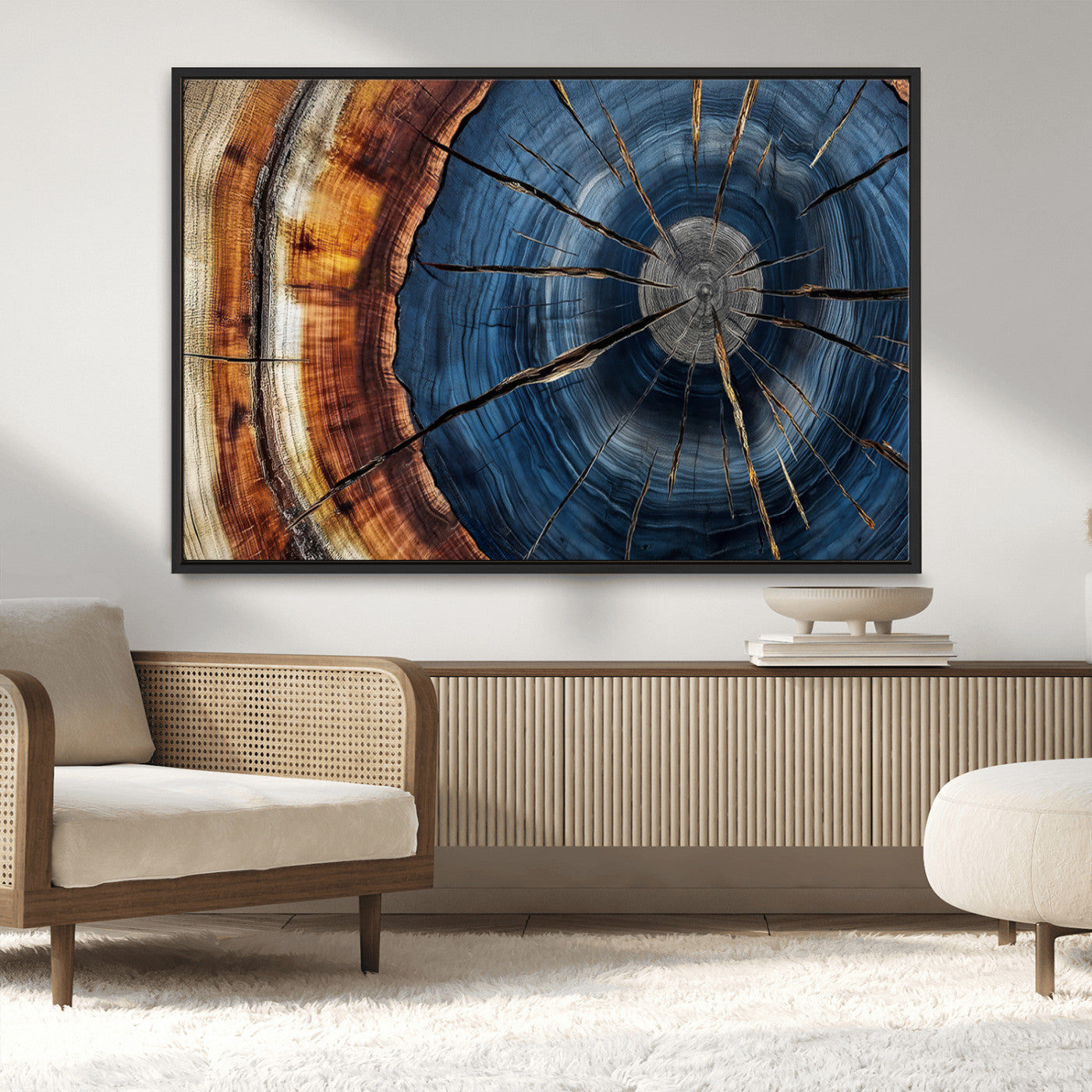 45268471-MGV-CV-36X24-Blue Tree Ring Wall Art – Rustic Wood Cross Section Canvas Print, Modern Abstract Nature Decor for Living Room, Office, or Cabin