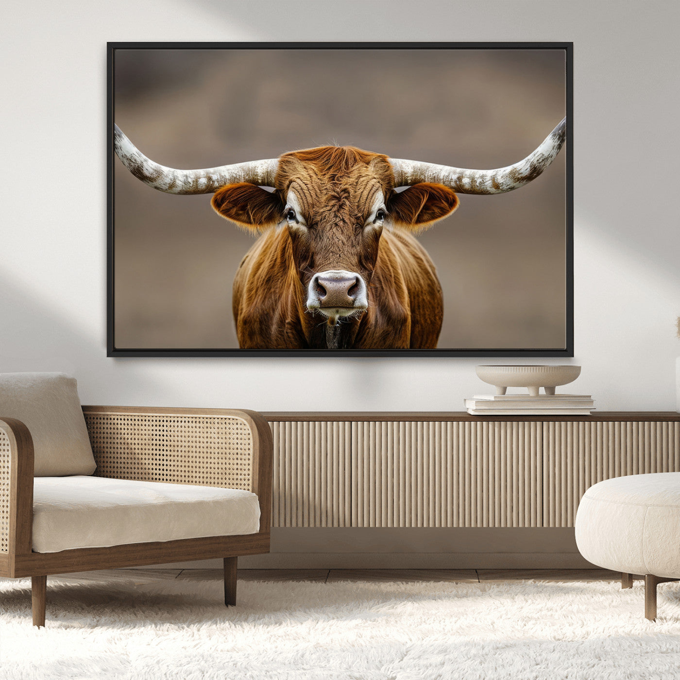 12179171-MGV-CV-36X24-Texas Longhorn Wall Art Canvas Print, Framed Brown Bull Art Picture Print, Lone Cattle Perfect Rustic Western Decor Artwork