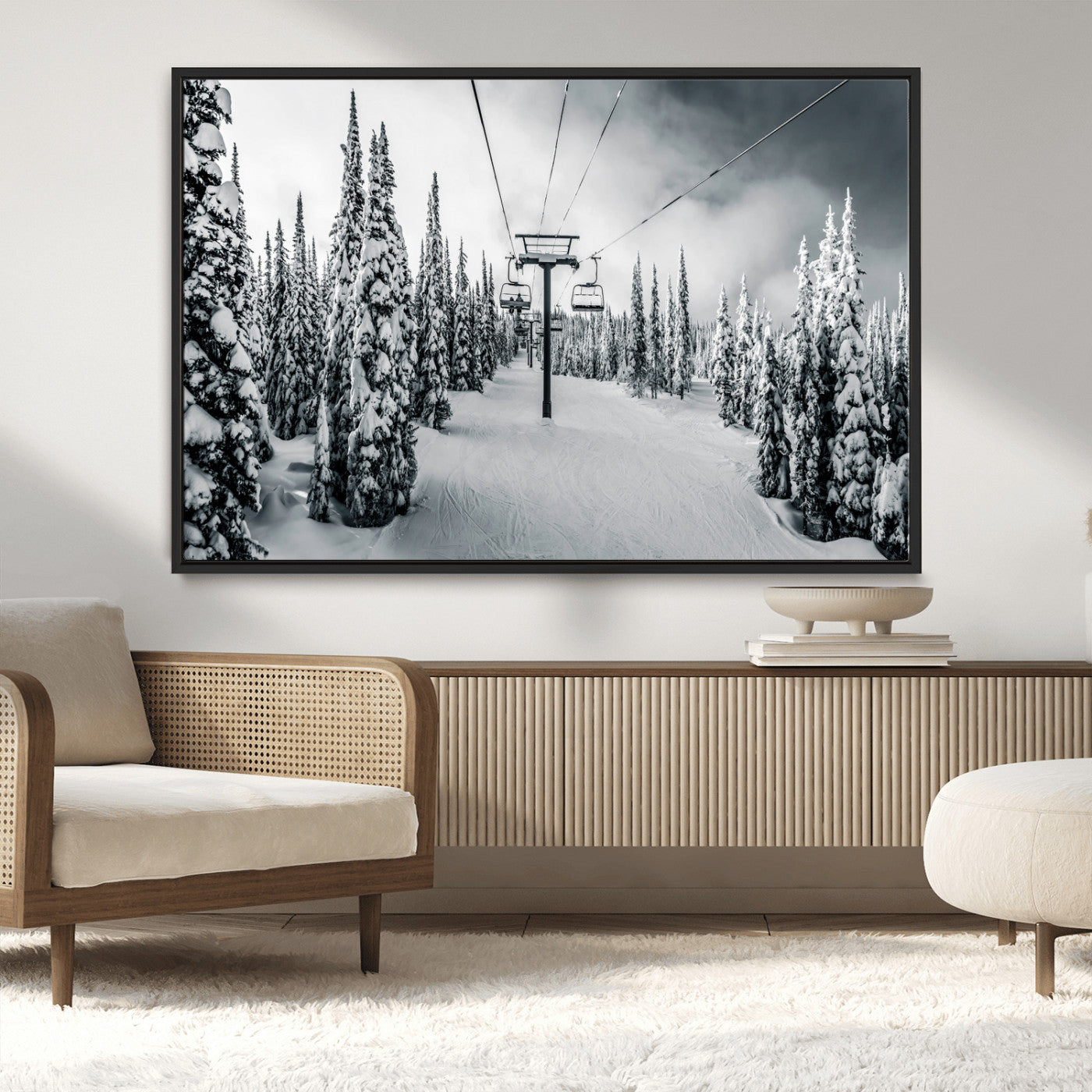 31156828-MGV-CV-36X24-Snowy Pines Wall Art Canvas Print, Framed Ski Lift Art Picture Print, Winter Forest Perfect Moody Lodge Decor Artwork