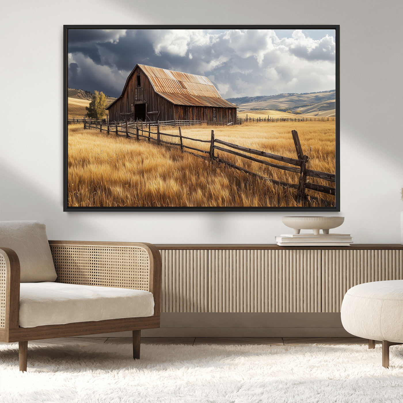 38758826-MGV-CV-36X24-Rustic Barn Wall Art Canvas Print, Framed Moody Barn Art Picture Print, Golden Field Perfect Rustic Farmhouse Decor Artwork