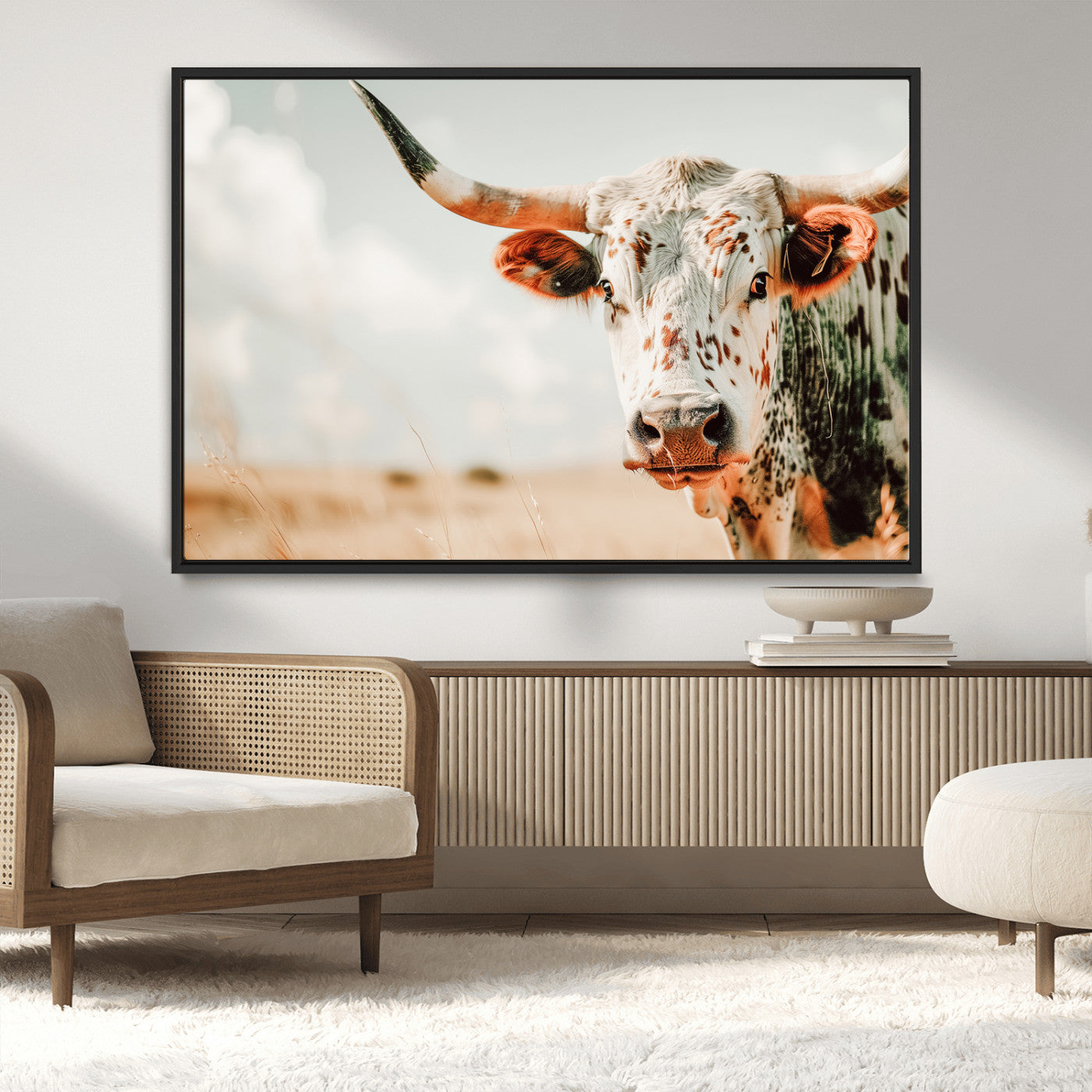 72766375-MGV-CV-36X24-Texas Longhorn Wall Art Canvas Print, Framed Spotted Cow Art Picture Print, Horned Cattle Perfect Rustic Western Decor Artwork