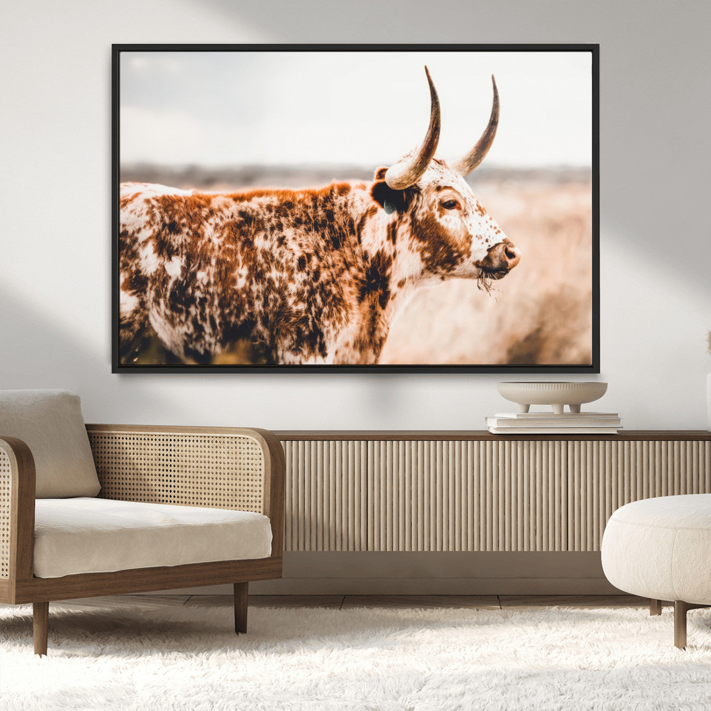 11528295-MGV-CV-36X24-Speckled Longhorn Wall Art Canvas Print, Framed Texas Cattle Art Picture Print, Horned Cow Perfect Rustic Western Decor Artwork