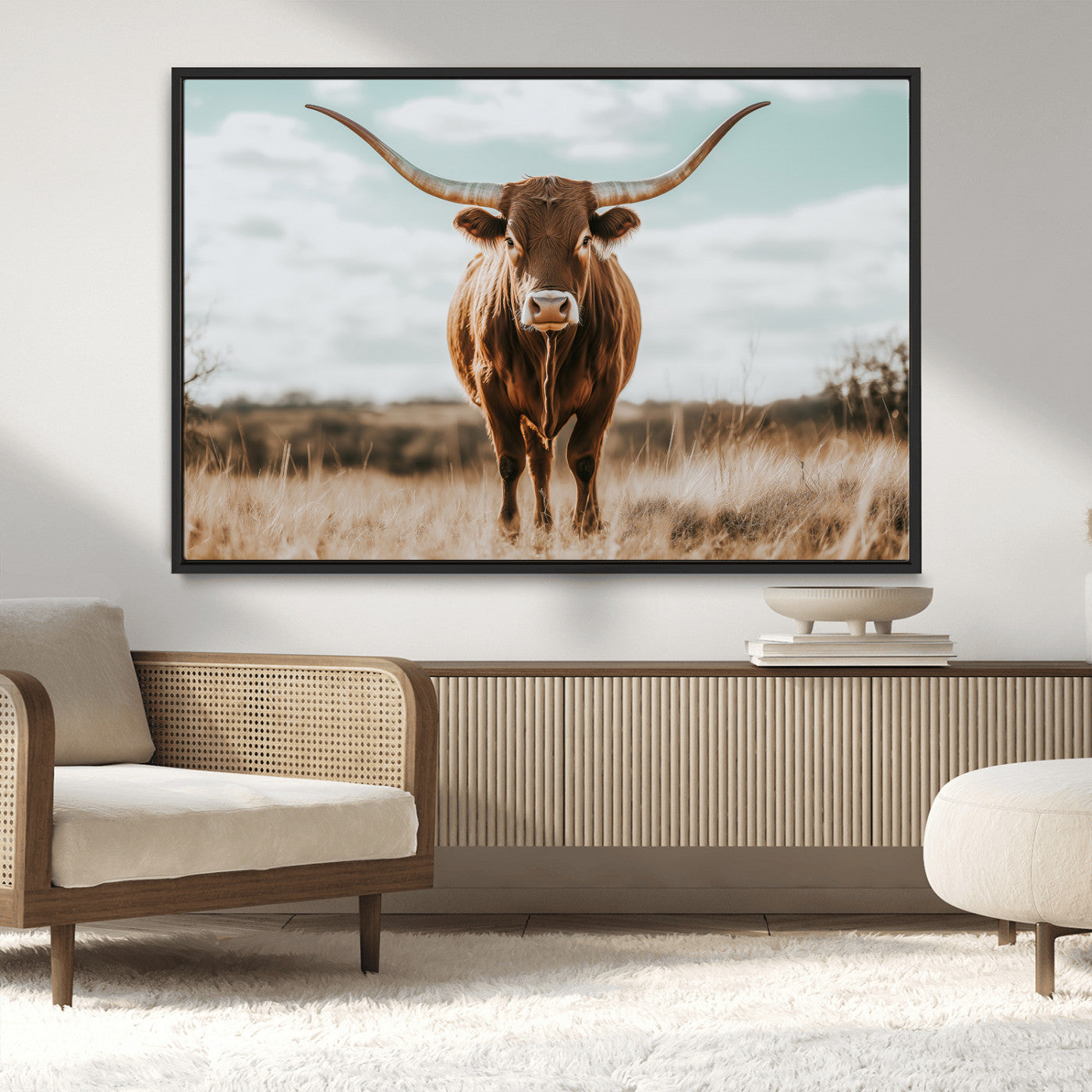39350715-MGV-CV-36X24-Texas Longhorn Wall Art Canvas Print, Framed Longhorn Cow Art Picture Print, Western Cattle Perfect Rustic Western Decor Artwork