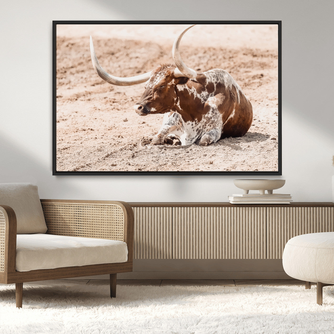 91248682-MGV-CV-36X24-Texas Longhorn Wall Art Canvas Print, Framed Resting Bull Art Picture Print, Spotted Cattle Perfect Rustic Western Decor Artwork