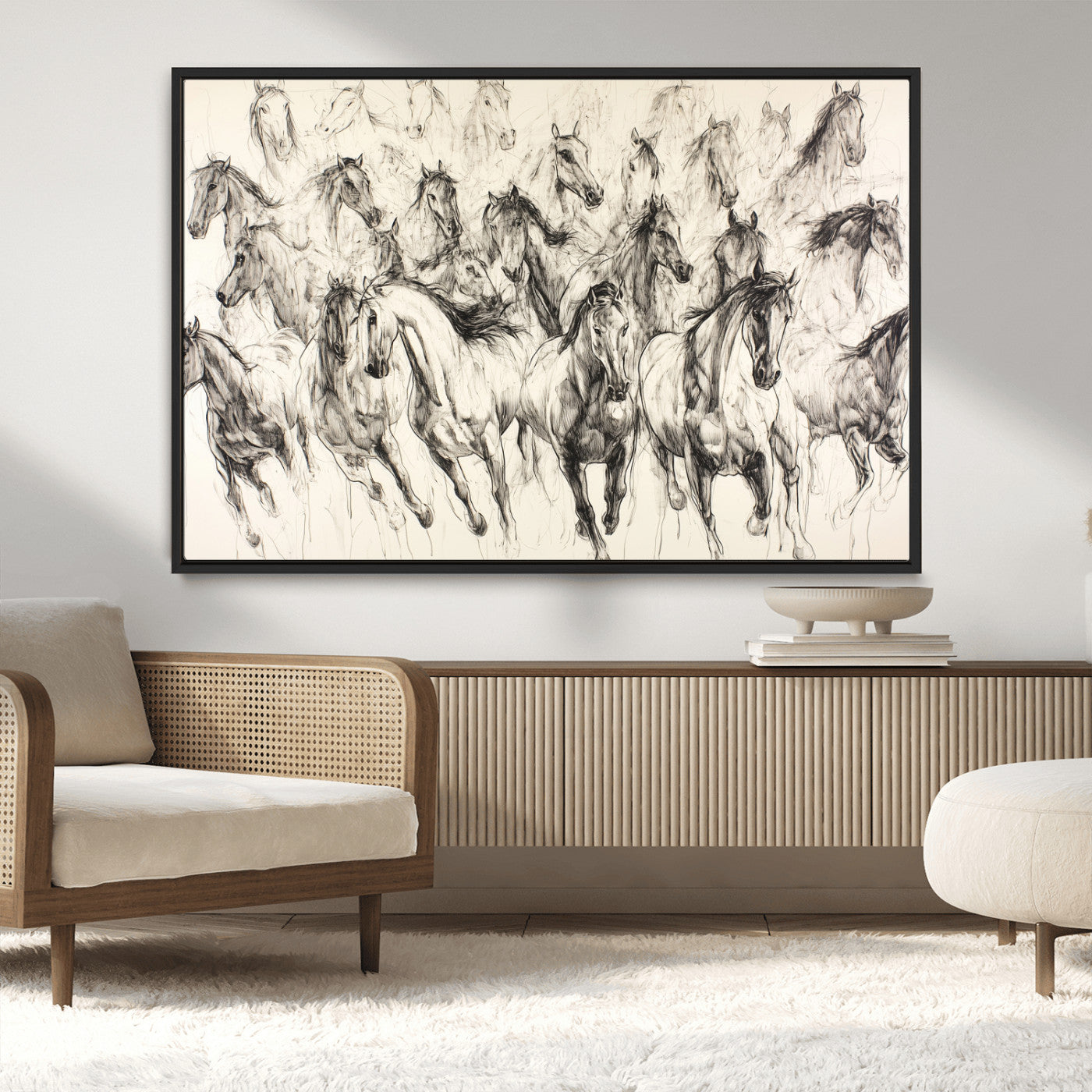 19433417-MGV-CV-36X24-Running Horses Wall Art Canvas Print, Framed Horse Sketch Art Picture Print, Galloping Herd Perfect Monochrome Western Decor