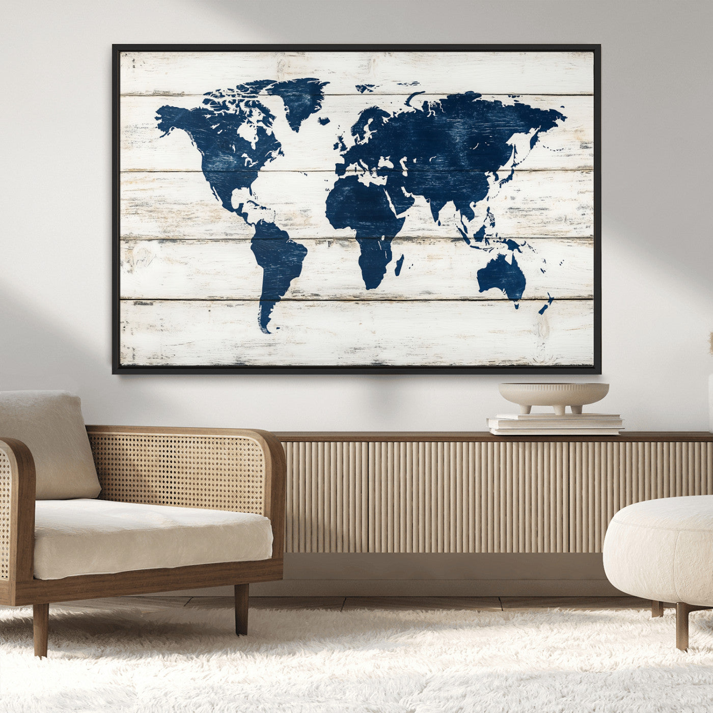 42865106-MGV-CV-36X24-World Map Wall Art – Rustic Blue and White Triptych Canvas for Modern Home or Office Decor, Coastal Style Wall Art for Living Room