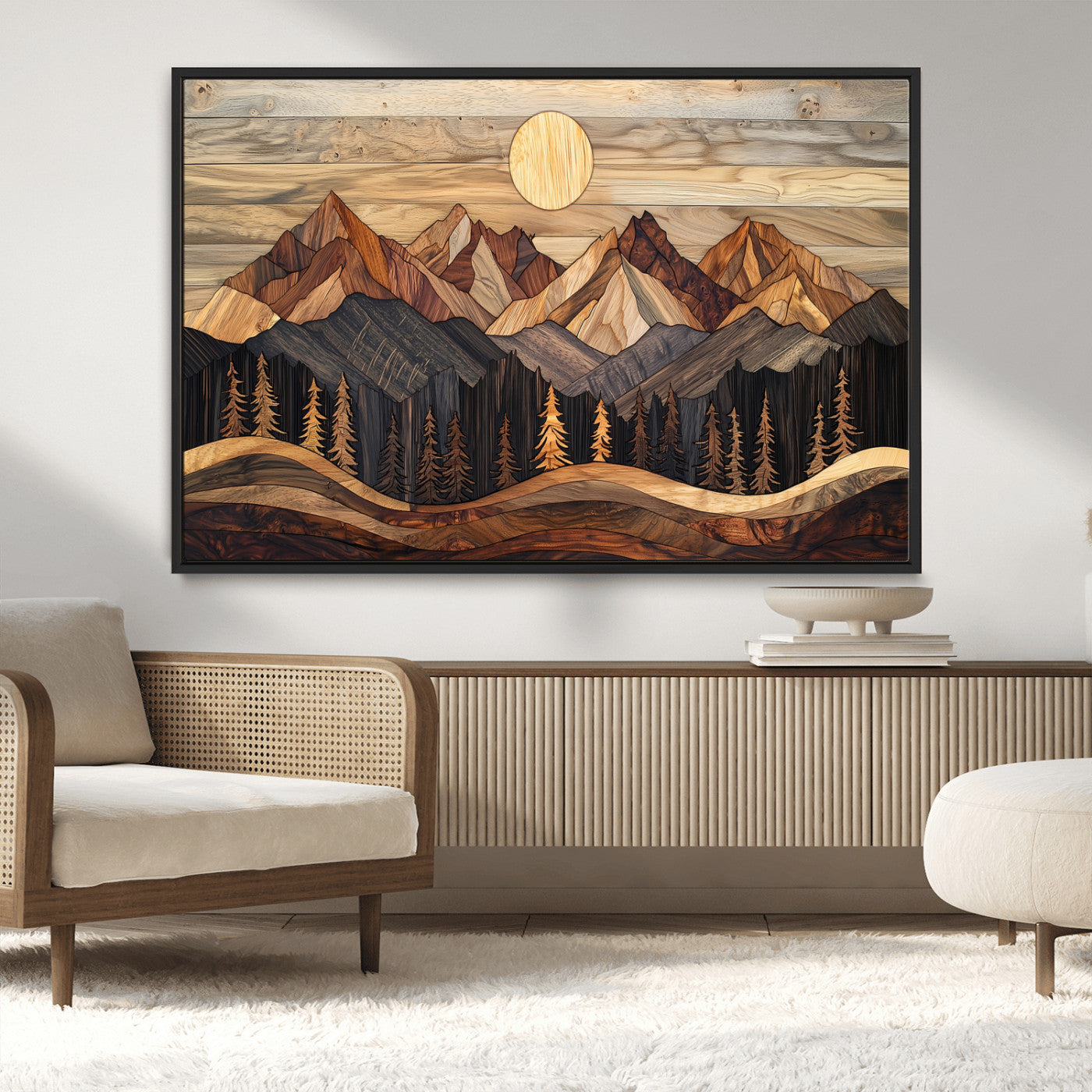 50100230-MGV-CV-36X24-Wooden Mountain Wall Art – Rustic Nature Landscape Canvas Print, Handmade Style Sun, Forest, and Peaks Artwork for Living Room,