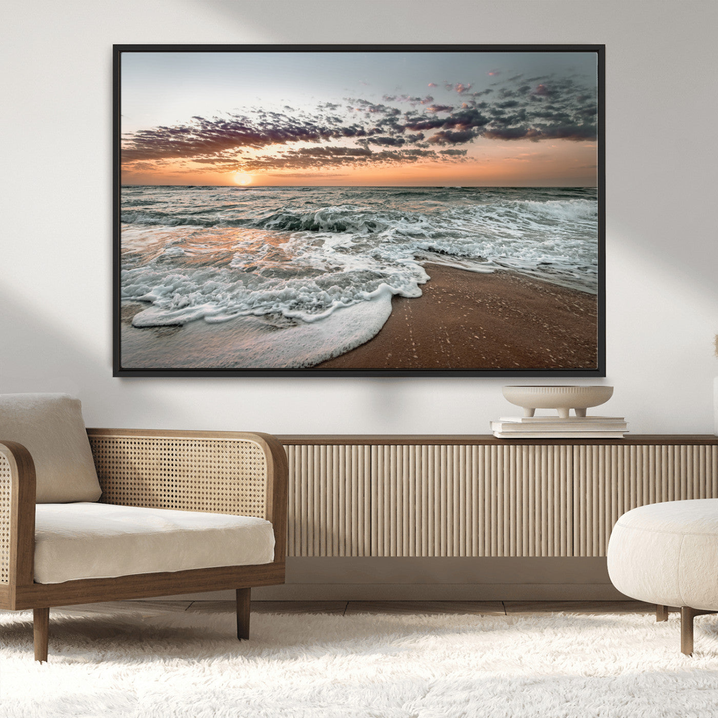 40632752-MGV-CV-36X24-Ocean Sunset Wall Art Canvas Print, Framed Beach Waves Art Picture Print, Coastal Scene Perfect Coastal Decor Artwork