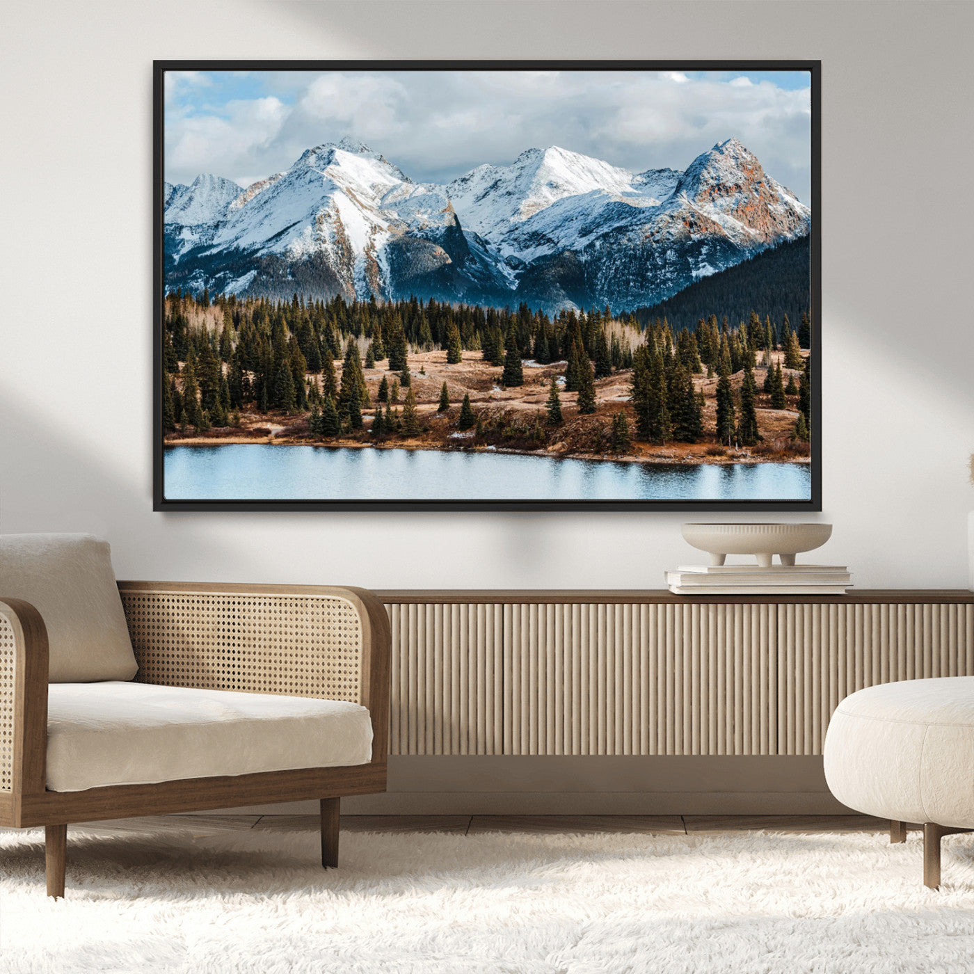 36247746-MGV-CV-36X24-Snowy Peaks Wall Art Canvas Print, Framed Alpine Lake Art Picture Print, Pine Forest Perfect Alpine Wilderness Decor Artwork