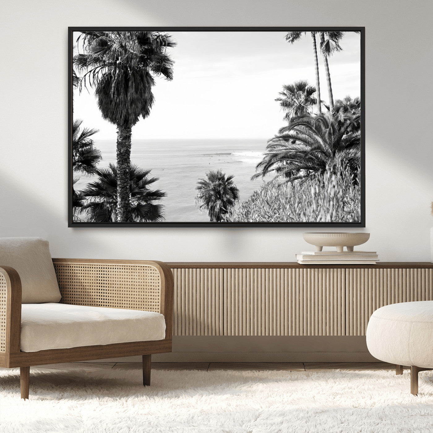 89458520-MGV-CV-36X24-Palm Trees Wall Art Canvas Print, Framed Coastal View Art Picture Print, Ocean Horizon Perfect Monochrome Coast Decor Artwork
