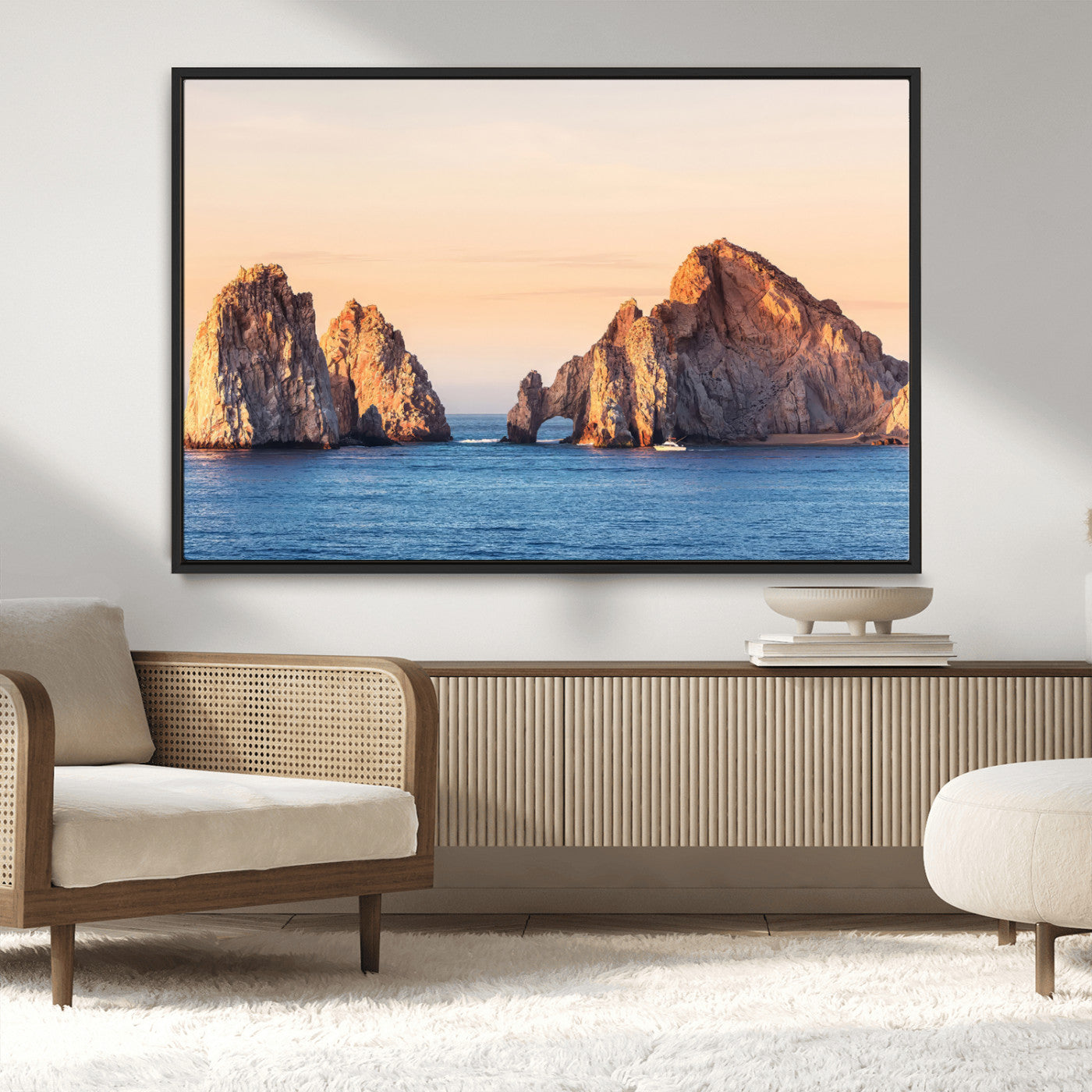 72996116-MGV-CV-36X24-El Arco Wall Art Canvas Print, Framed Cabo Rocks Art Picture Print, Ocean Arch Perfect Golden Coastal Landmark Decor Artwork