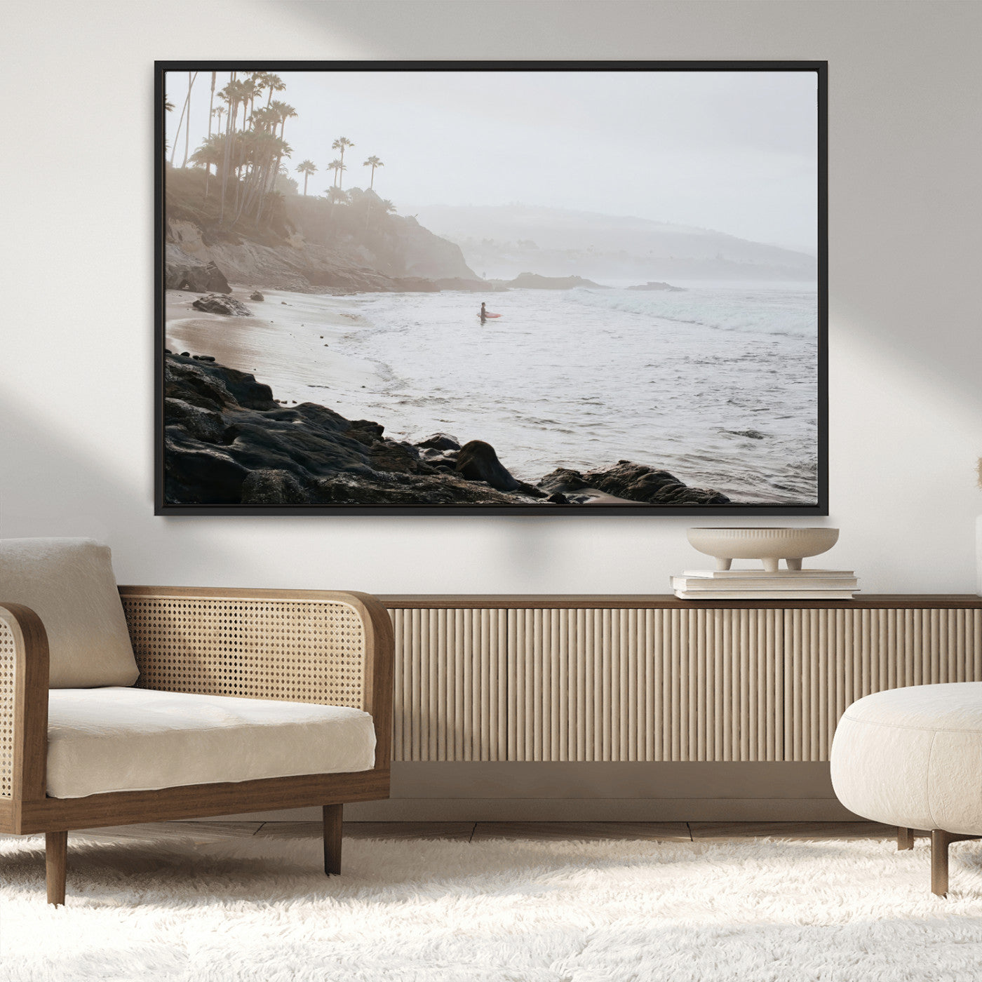 62501405-MGV-CV-36X24-Misty Beach Wall Art Canvas Print, Framed California Surfer Art Picture Print, Coastal Cliff Perfect Coastal Beach Decor Artwork