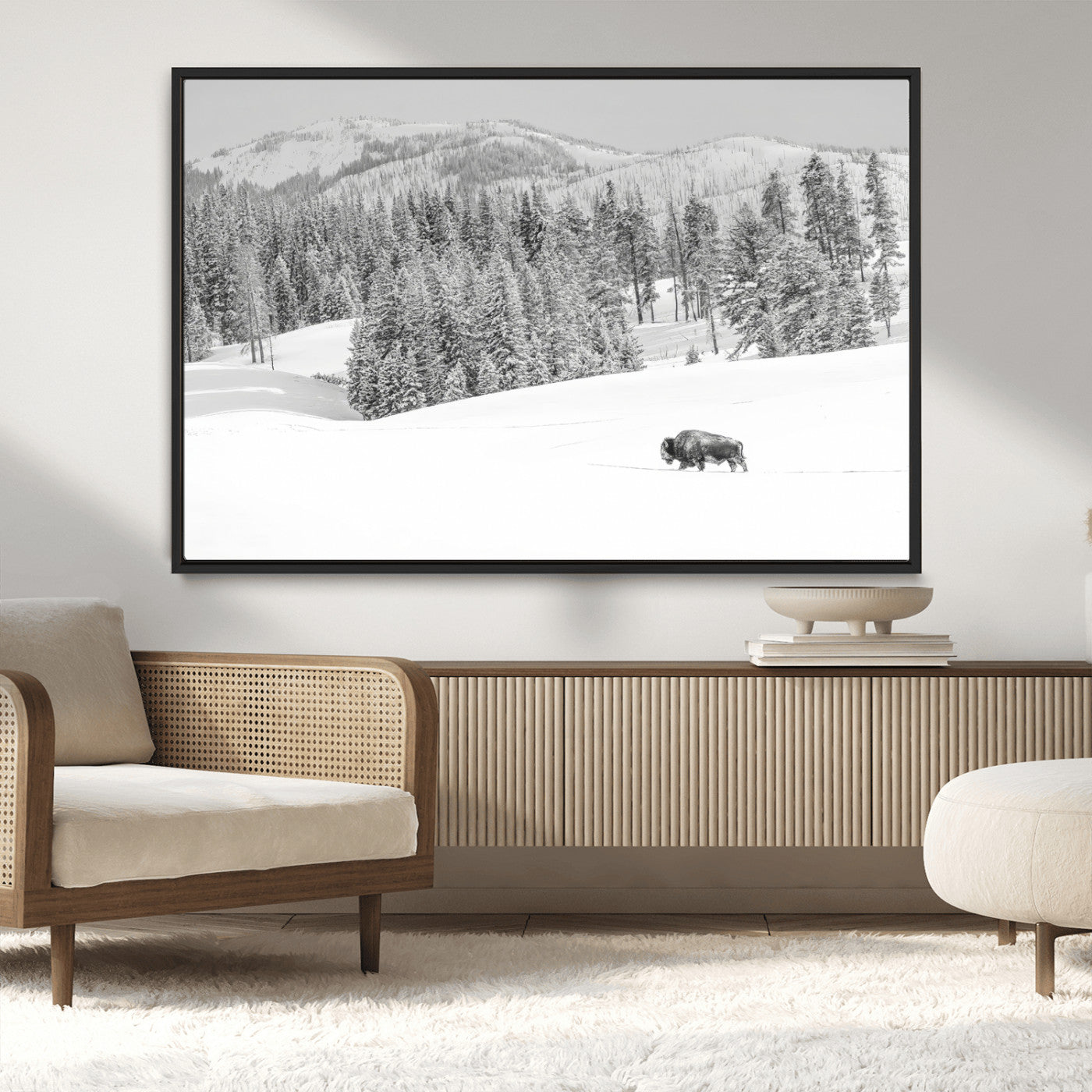 68081143-MGV-CV-36X24-Snowy Bison Wall Art Canvas Print, Framed Winter Forest Art Picture Print, Lone Bison Perfect Monochrome Winter Wild Decor Artwork