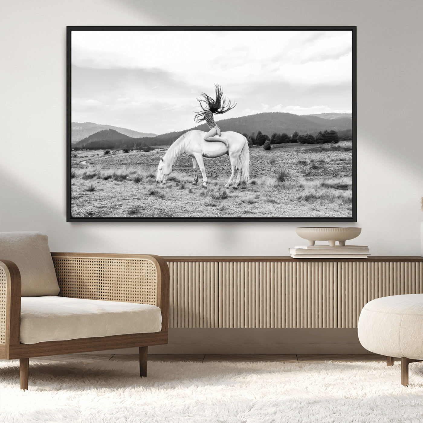 62789800-MGV-CV-36X24-White Horse Wall Art Canvas Print, Framed Woman Rider Art Picture Print, Equestrian Pose Perfect Western Boho Decor Artwork