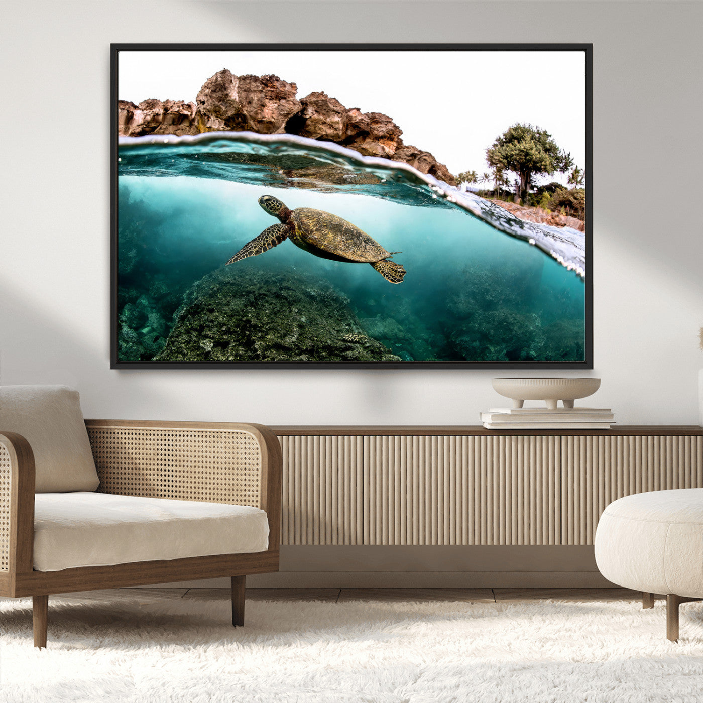 44200301-MGV-CV-36X24-Sea Turtle Swim Wall Art Canvas Print, Framed Ocean Life Art Picture Print, Tropical Shoreline Perfect Tropical Coastal Decor