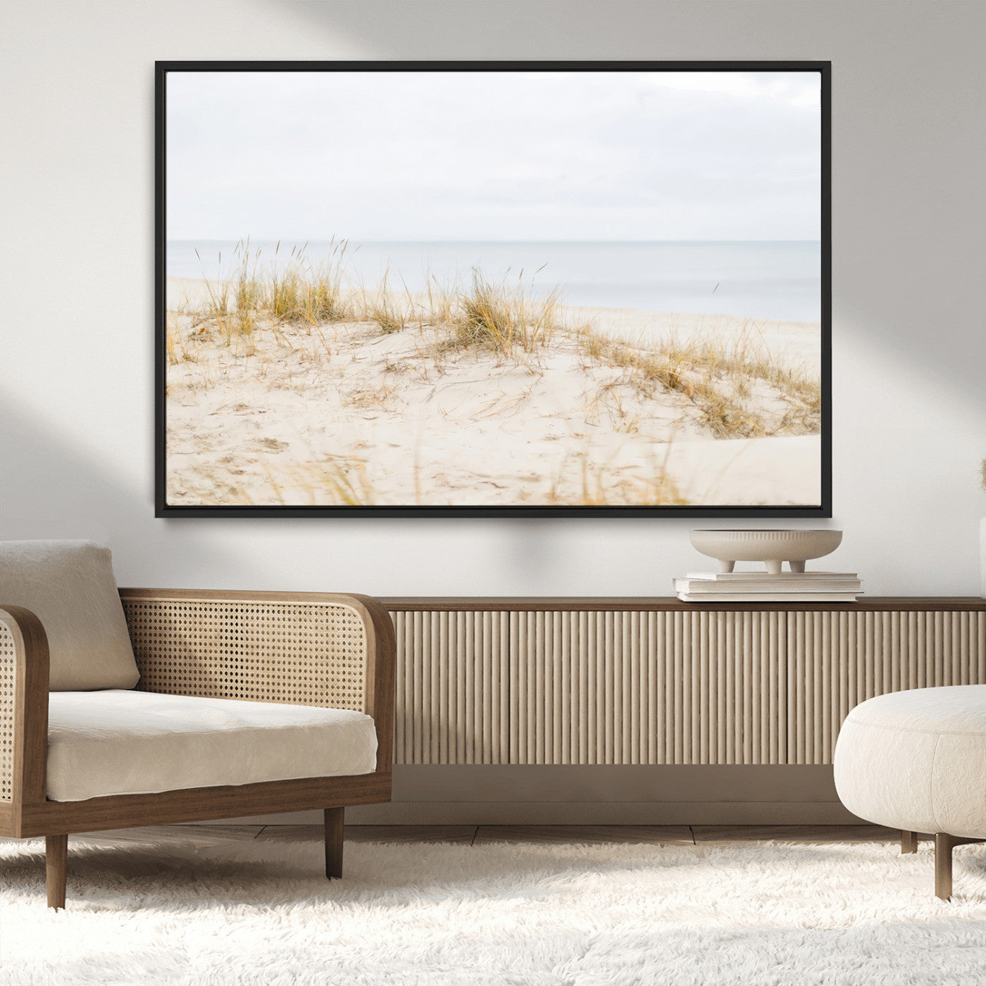 13146857-MGV-CV-36X24-Beach Dunes Wall Art Canvas Print, Framed Soft Horizon Art Picture Print, Coastal Grass Perfect Minimalist Coastal Decor Artwork