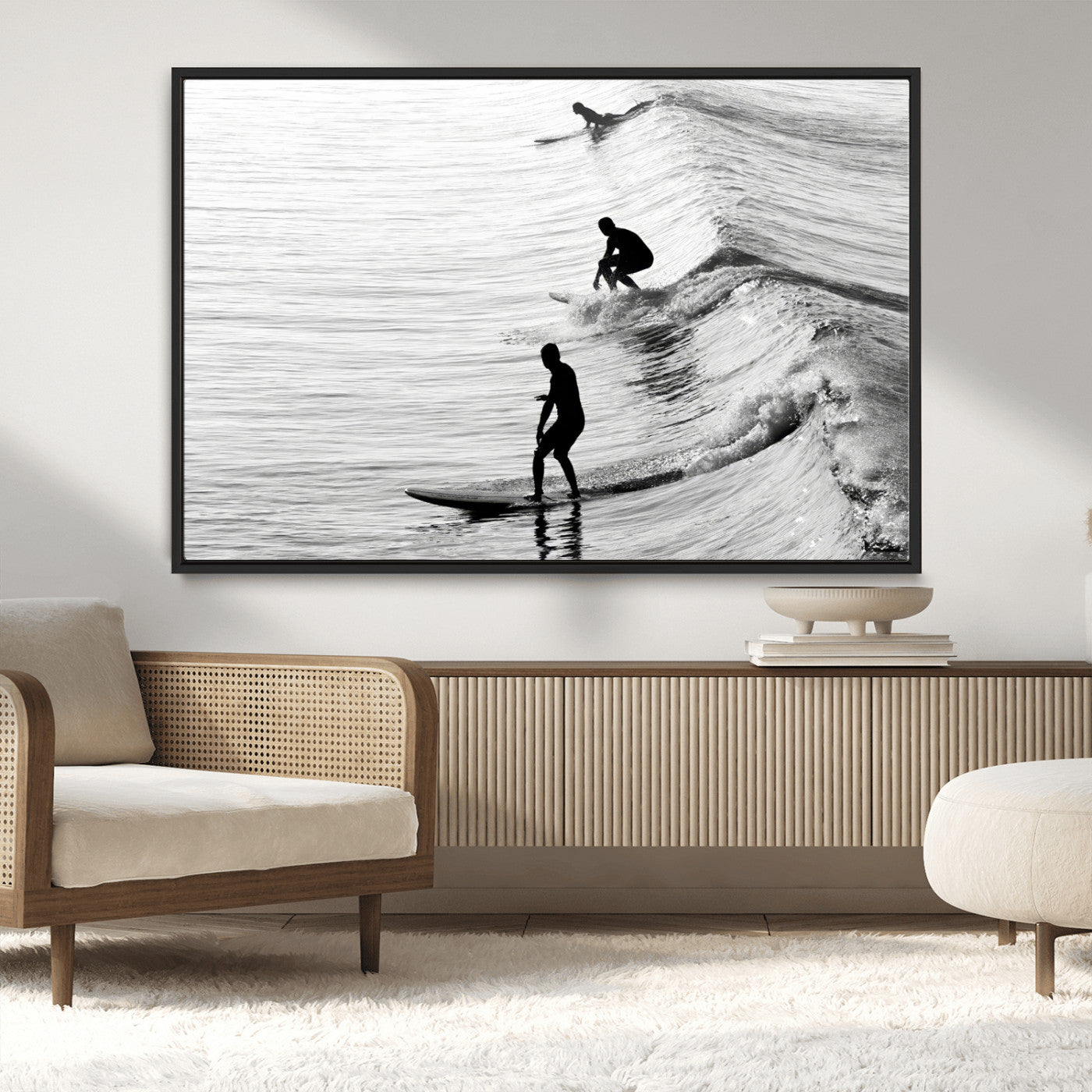 19875284-MGV-CV-36X24-Surfer Waves Wall Art Canvas Print, Framed Black White Surf Art Picture Print, Monochrome Ocean Perfect Modern Coastal Decor