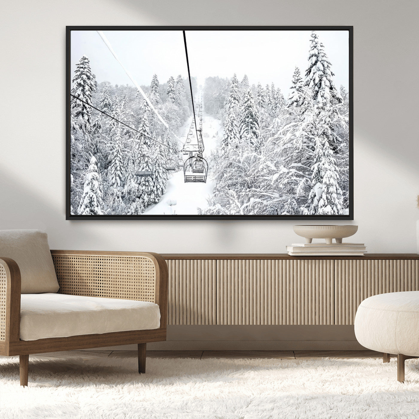 44705668-MGV-CV-36X24-Winter Forest Wall Art Canvas Print, Framed Snowy Forest Art Picture Print, Ski Lift Perfect Scandinavian Decor Artwork